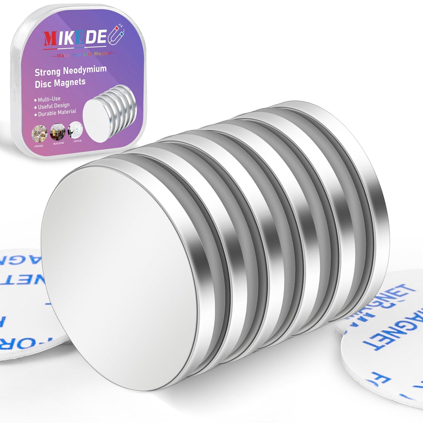 MIKEDE 6 Pack Magnets with Adhesive Backing for Fridge, Super Strong Heavy Duty, Rare Earth Magnet Neodymium Disc Magnets for Craft, Cabinet, Office, DIY, 1.26 inch D x 1/8 inch H
