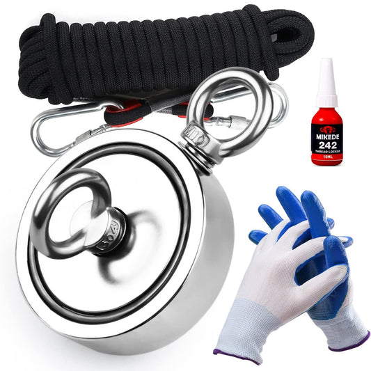 MIKEDE Double Sided Fishing Magnets Kits, 1700lbs Strong Rare Earth Magnets Fishing Large 3.7 inches Diameter Disc Magnetic Fishing Kit with high Strength Polyester Rope and Protective Gloves