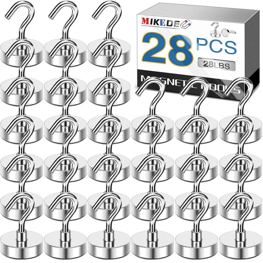 MIKEDE 28LB Magnetic Hooks, N52 Strong Neodymium Magnets Hooks for Hanging, Earth Magnetic Hooks Heavy Duty for Refrigerator, Extra Cruise Hooks for Kitchen, Classroom, Workplace, Grill - 28PCS